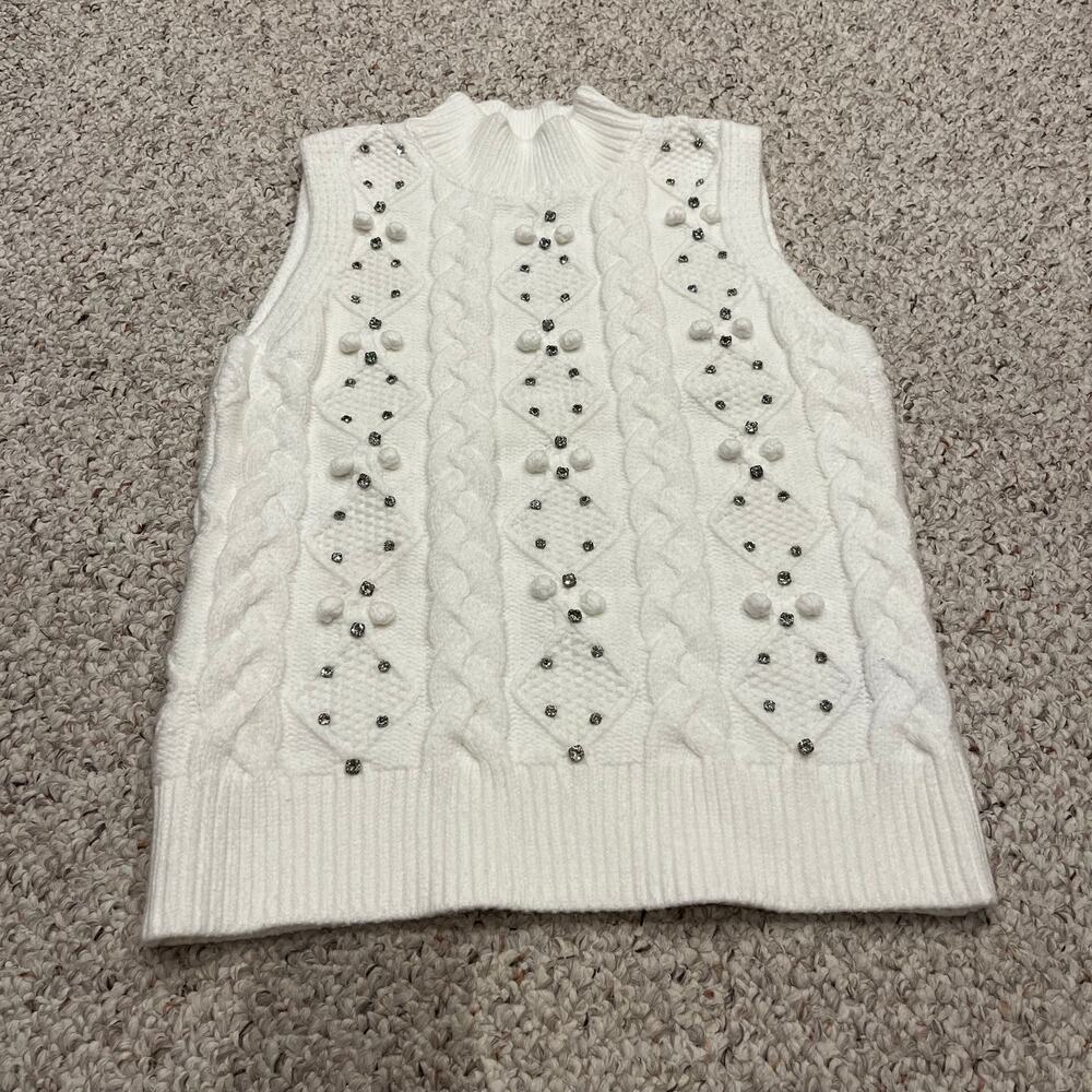 Boston Proper Embellished Cable Knit Turtleneck Sweater Tank S Rhinestone Casual